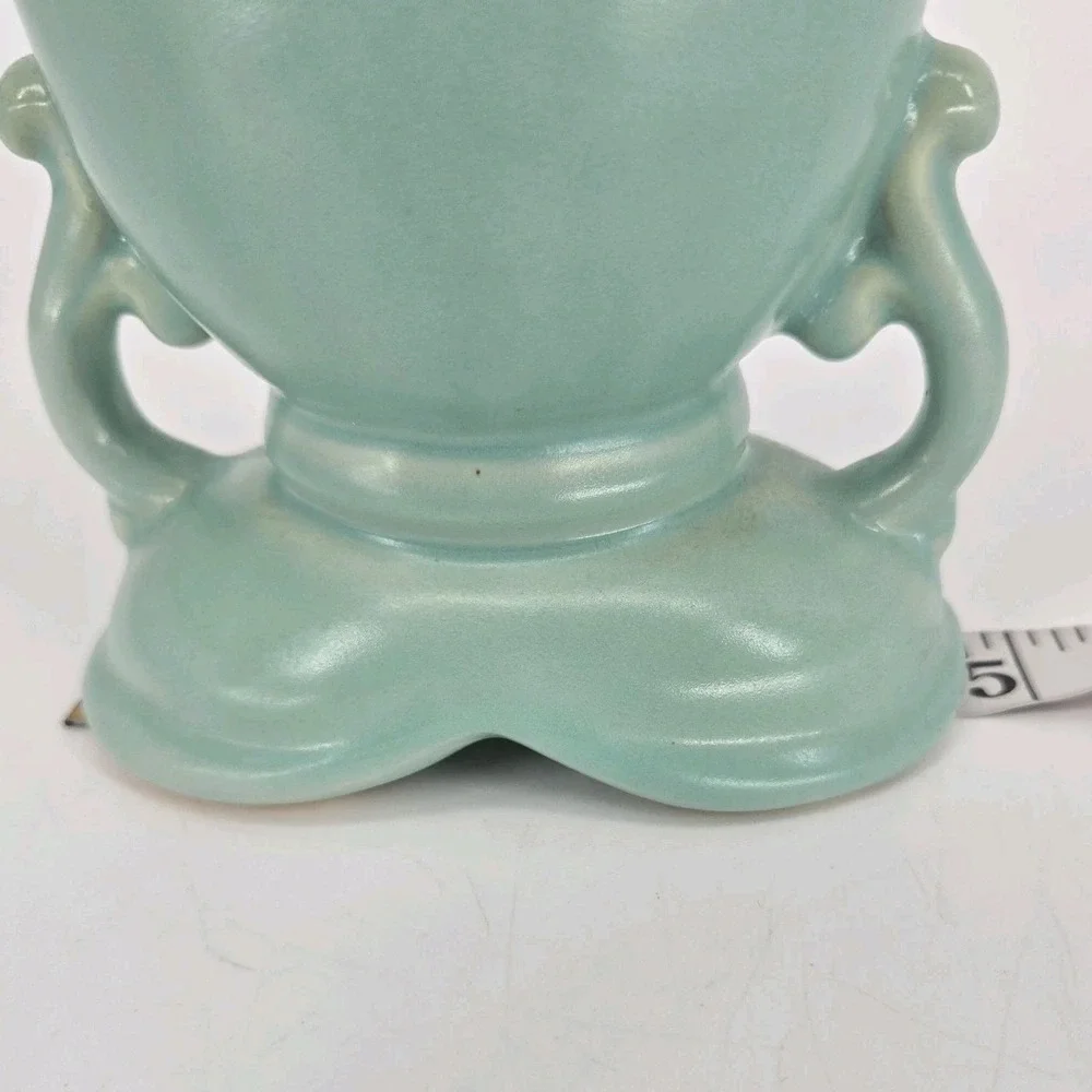 Vintage Weller Cameo Rose Vase Aqua Green White Floral Double Handle 7 In Deco